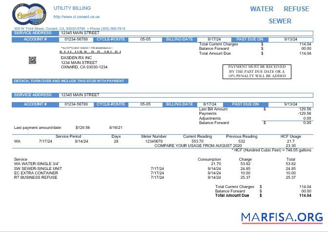 Downloadable USA California City of Oxnard business utility bill template in Word and PDF formats